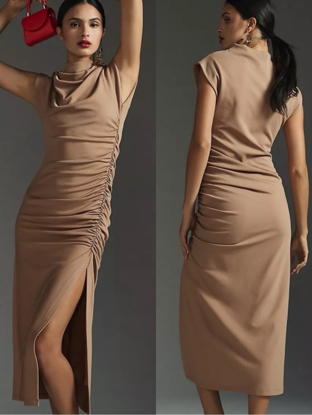ANTHROPOLOGIE Maya Ruched Cowl Tan Sleeveless Slit Midi Dress